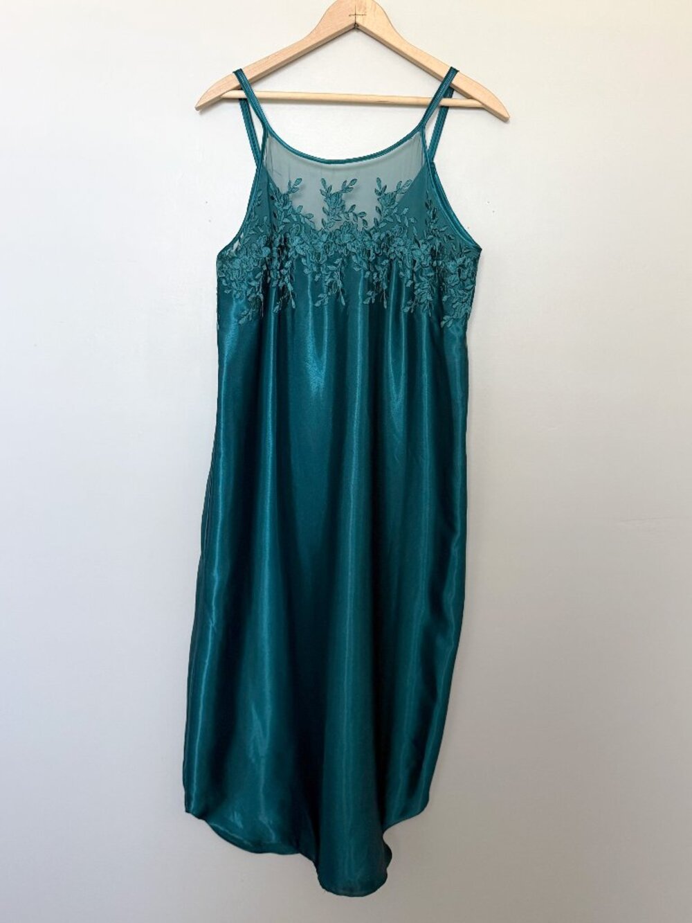 Vintage Inner Most 80s 90s Teal Peacock Blue Satin Lace Slip Dress M USA